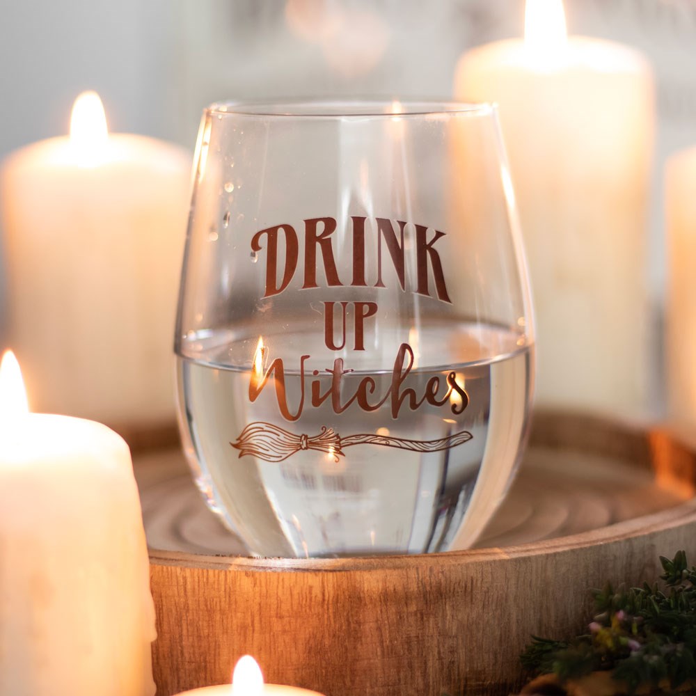 Gothic Gifts Drink Up Witches Stemless Wine Glass - Kate's Clothing