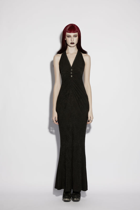 Model wearing Punk Rave Seraphina Jacquard Halter Fish Tail Dress featuring a deep halter neckline and dramatic fishtail hem.