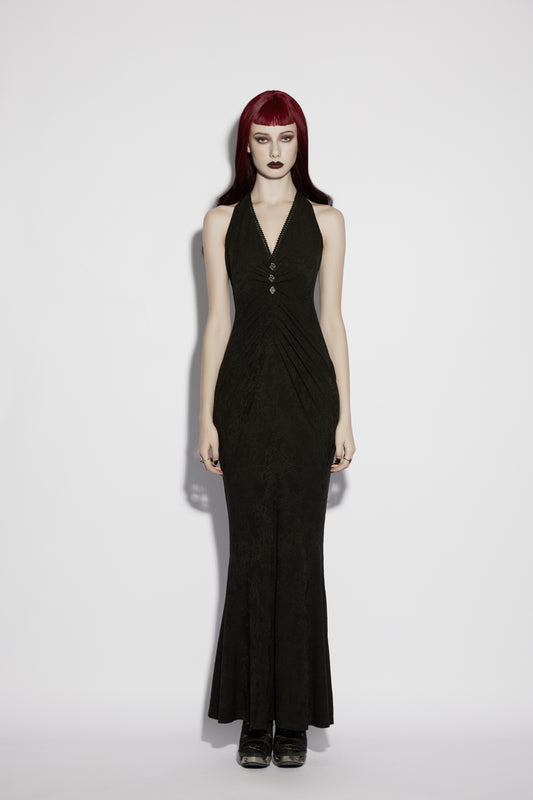 Model wearing Punk Rave Seraphina Jacquard Halter Fish Tail Dress featuring a deep halter neckline and dramatic fishtail hem.