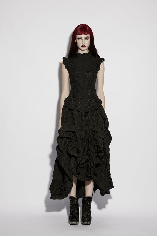 Goth ruffle shirt worn with a dramatic black ruffled skirt, showcasing punk elegance and Victorian-inspired design.