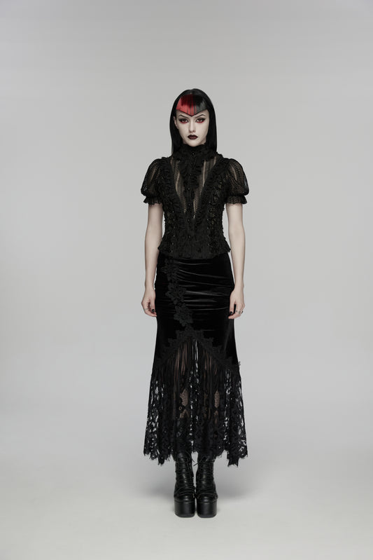Model wearing Punk Rave Selene Goth Velvet Lace Fishtail Skirt styled with an elegant gothic top and accessories.