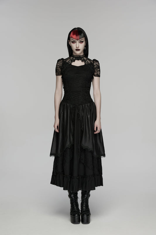 Goth layered skirt showcasing dark romantic texture and flowing layers in a striking punk style.