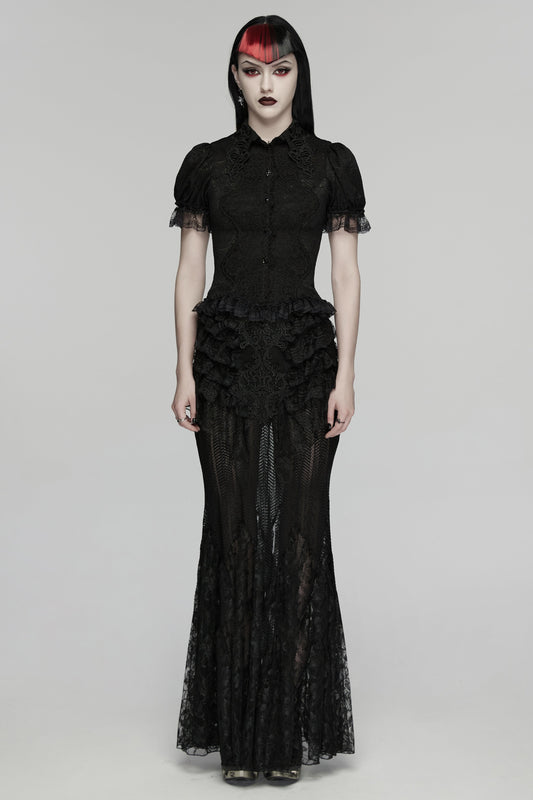 Model wearing a lace goth shirt, featuring short sleeves and intricate lace detailing, showcasing gothic elegance.
