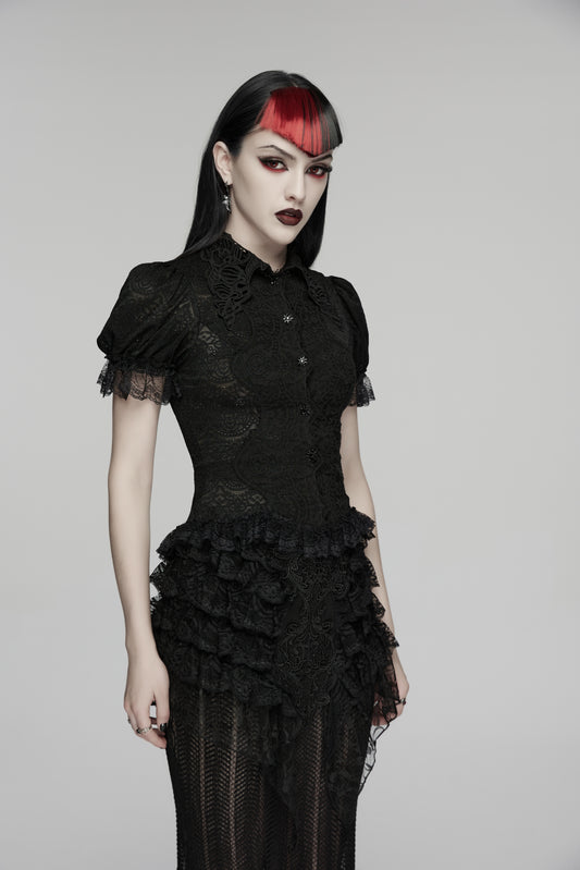 Lace goth shirt designed by Punk Rave, featuring intricate lace and a romantic gothic style, perfect for dark fashion.