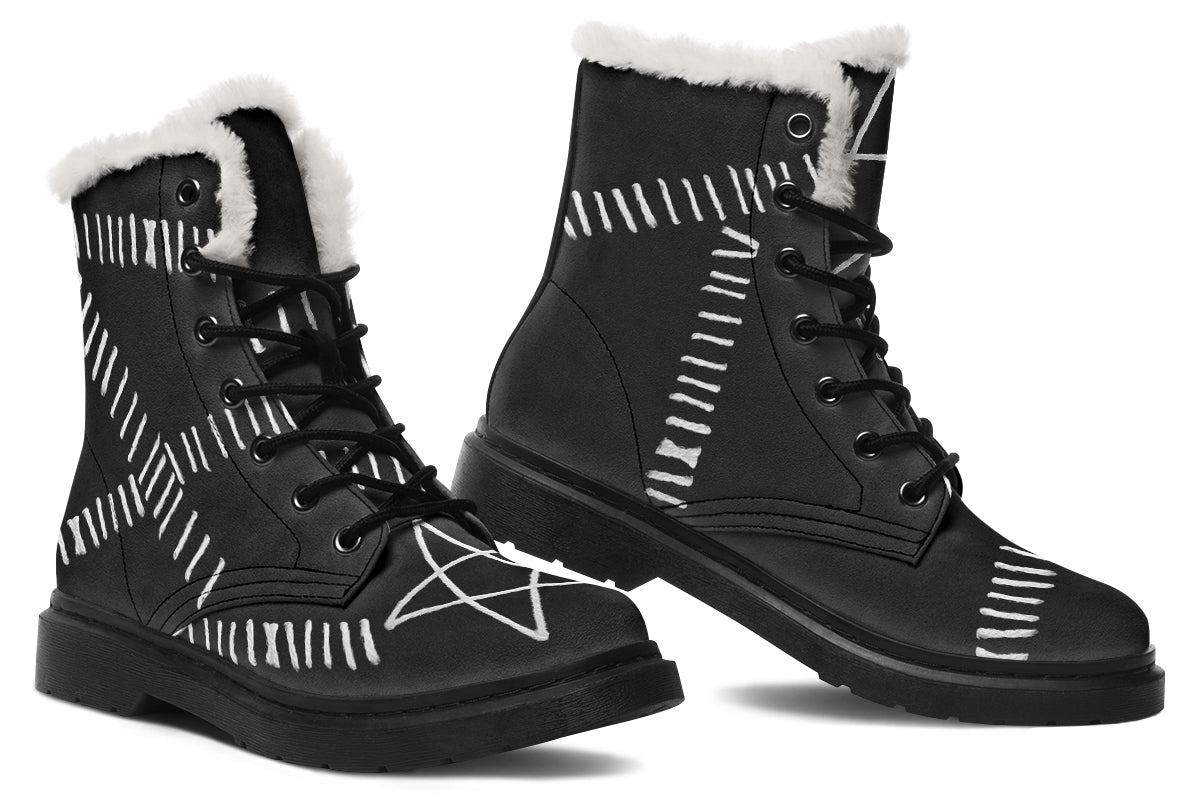 Side view of ANTIBrand Stitches for Witches Comfy Boots – stitched gothic design and plush lining