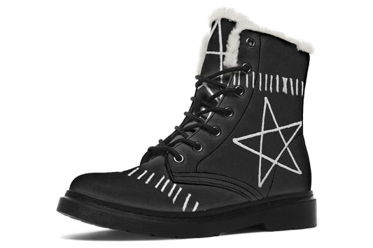 ANTIBrand Stitches for Witches Comfy Boots – black vegan leather combat boots with white pentagram and faux-fur lining