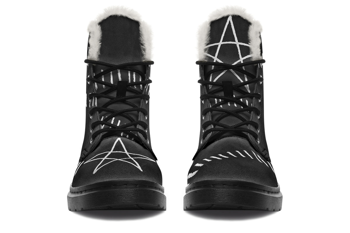 ANTIBrand Stitches for Witches Comfy Boots – black vegan leather combat boots with white pentagram and faux-fur lining