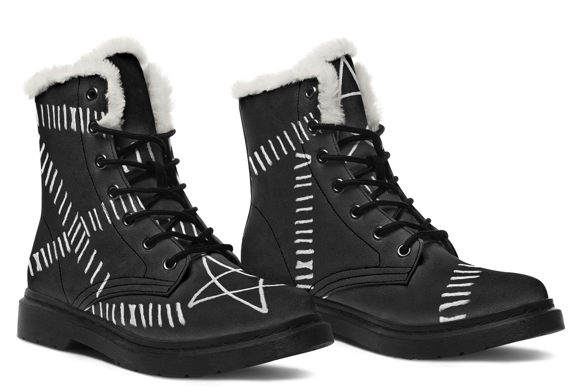 Side view of ANTIBrand Stitches for Witches Comfy Boots – stitched gothic design and plush lining