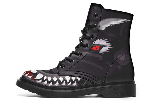 ANTIBrand When the Creature Comes Alive Boots – black vegan leather combat boots with fanged design and red eyes