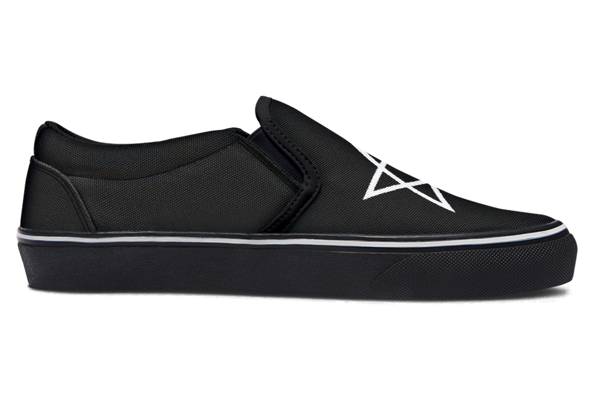 Black slip-ons with white pentagram symbols