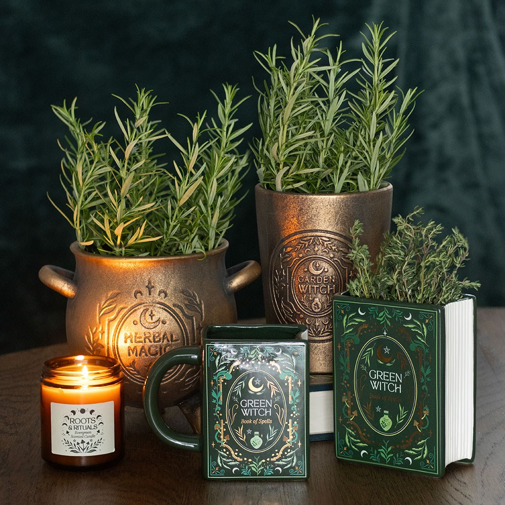 Gothic Gifts Green Witch Book of Spells Ceramic Vase with herbs and candles, evoking mystical charm and botanical magic.