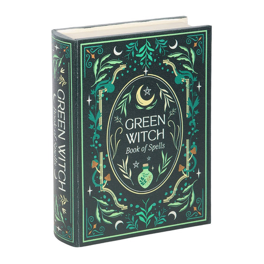 Gothic Gifts Witch Storage Box designed as a Green Witch Book of Spells with botanical illustrations and lunar symbols.