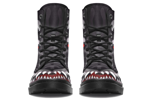 ANTIBrand When the Creature Comes Alive Boots – black vegan leather combat boots with fanged design and red eyes