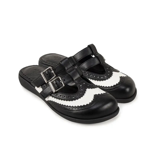 Chocolaticas® Havana Clogs – Gothic Black & White Brogue Vegan Slip-Ons