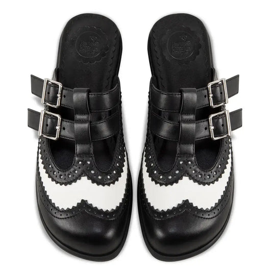 Chocolaticas® Havana Clogs – Gothic Black & White Brogue Vegan Slip-Ons