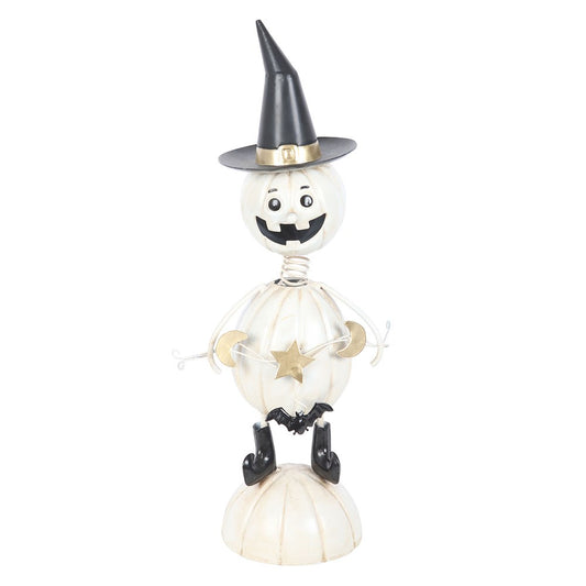 Gothic Gifts White Metal Pumpkin Man Ornament with Witch Hat