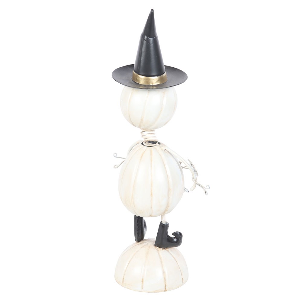 Gothic Gifts White Metal Pumpkin Man Ornament with Witch Hat