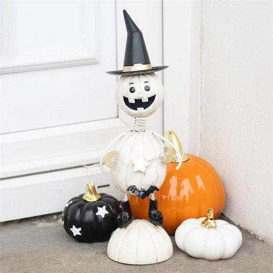 Gothic Gifts White Metal Pumpkin Man Ornament with Witch Hat