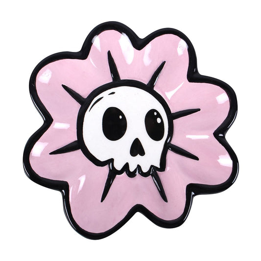 Gothic Trinket Dish featuring a playful skull in a soft pink flower design, ideal for dark-themed décor.
