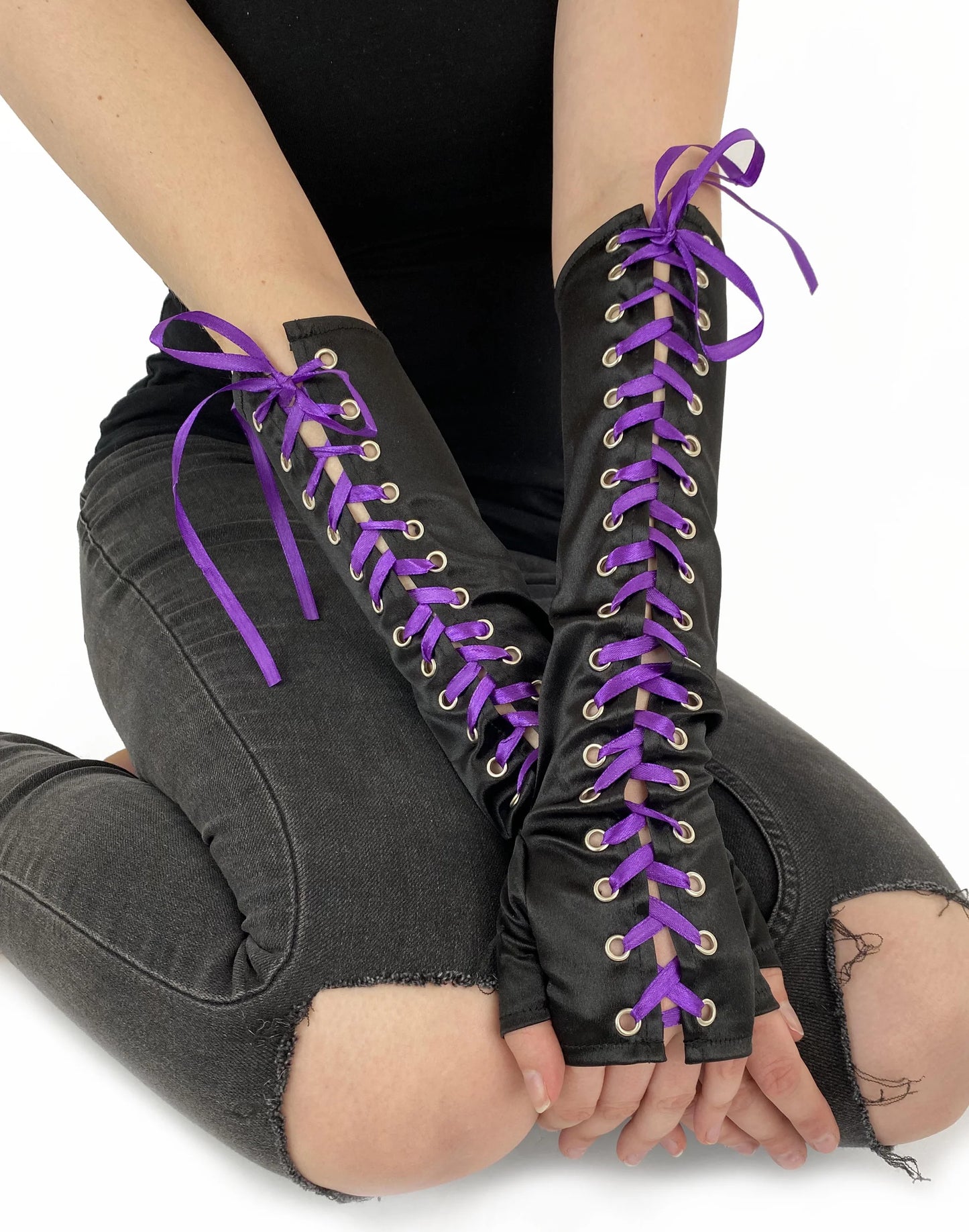 Pamela Mann Lace Up Gloves - Black & Purple - Kate's Clothing