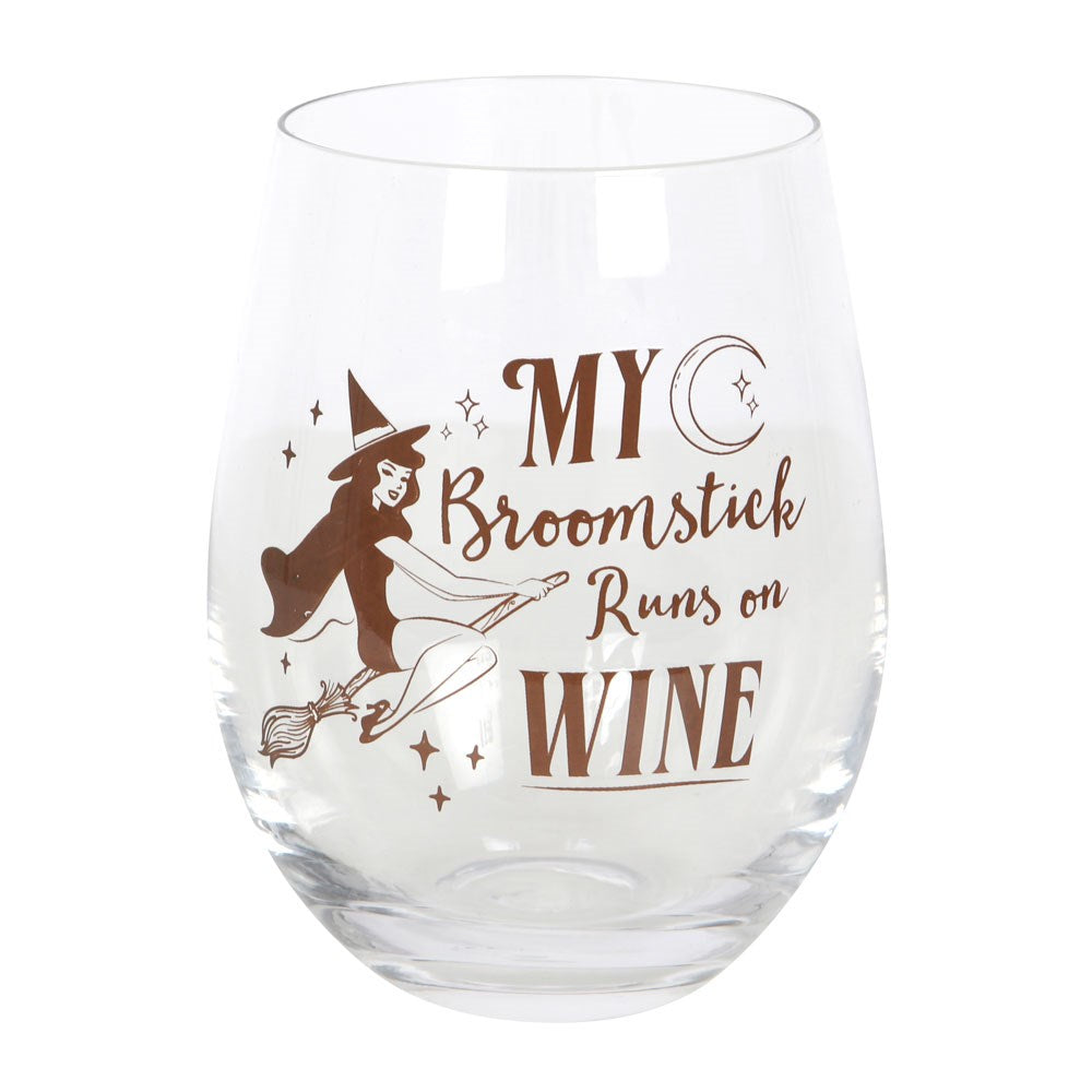 Gothic Gifts My Broomstick Runs On Wine Stemless Wine Glass - Kate's Clothing
