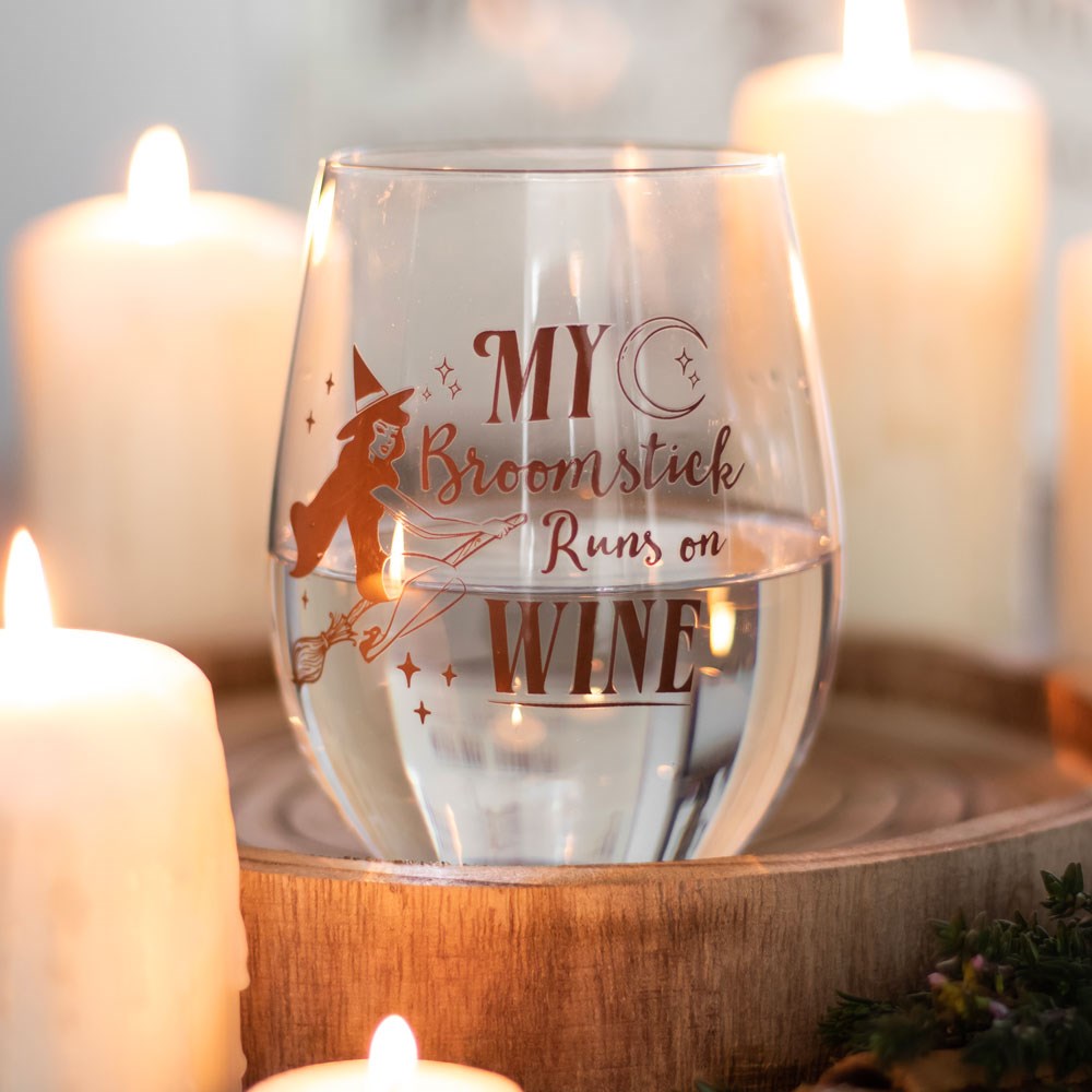 Gothic Gifts My Broomstick Runs On Wine Stemless Wine Glass - Kate's Clothing