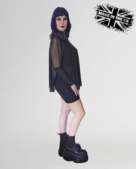 Necessary Evil UK Goth Circe Draped Black Mesh Top Side View