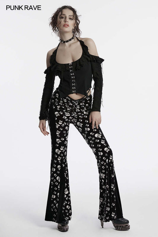 Punk Rave Nulia Spliced Velvet Flared Trousers with Skull Print - Kate's Clothing
