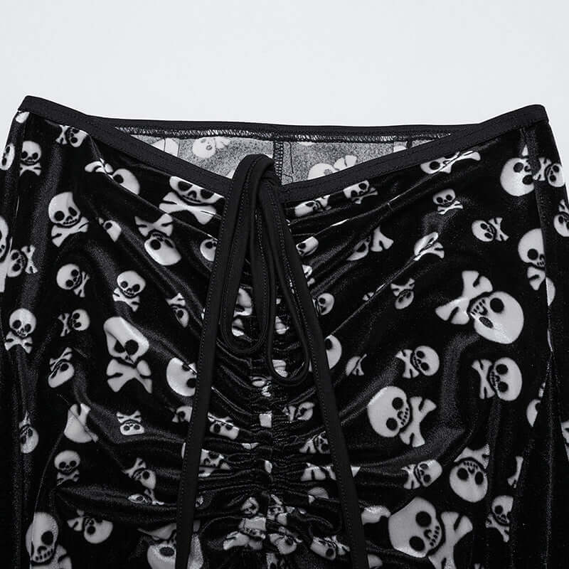 Punk Rave Nulia Spliced Velvet Flared Trousers with Skull Print - Kate's Clothing