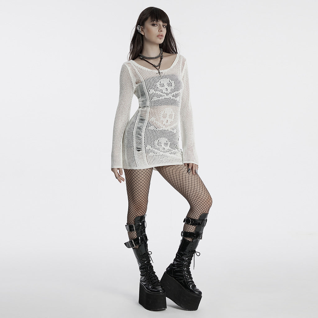 Punk Rave Teuta Skull and Crossed Bones Knitted Mesh Dress in White - Kate's Clothing