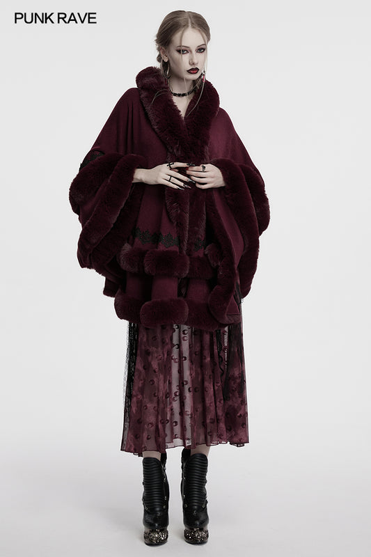 Punk Rave Isolde Faux Fur Trim Gothic Cloak Wine Red