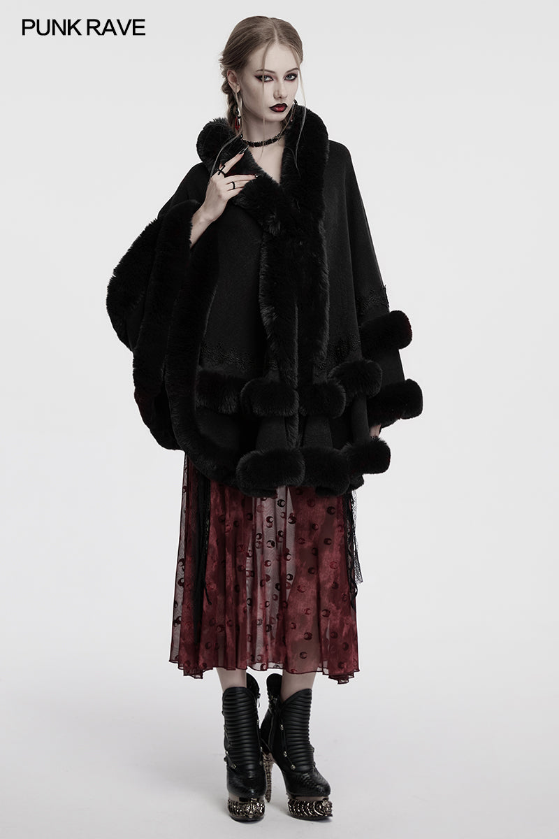 Punk Rave Elvira Faux Fur Trim Gothic Cloak in Black