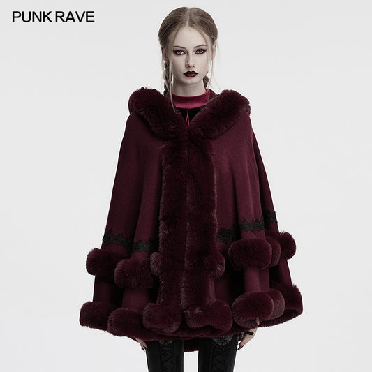 Punk Rave Isolde Faux Fur Trim Gothic Cloak Wine Red