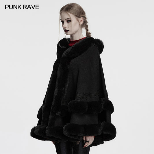 Punk Rave Elvira Faux Fur Trim Gothic Cloak in Black