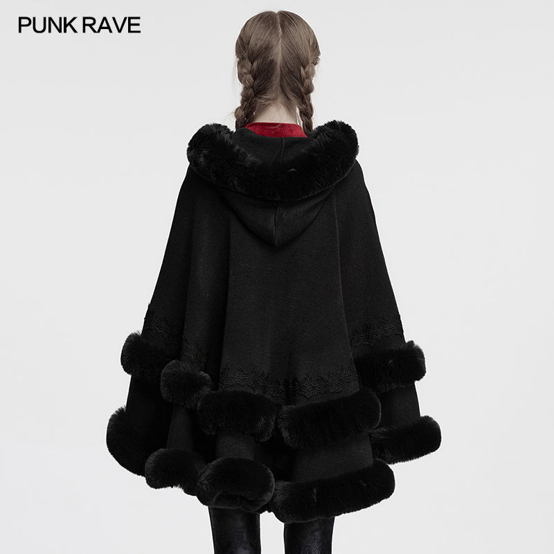 Punk Rave Elvira Faux Fur Trim Gothic Cloak in Black