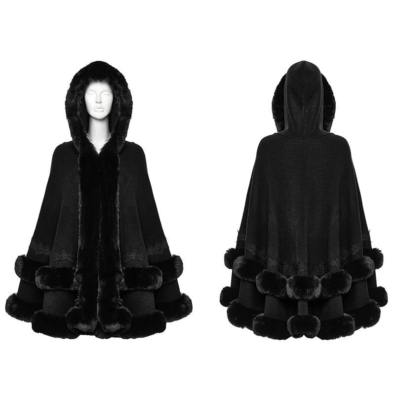 Punk Rave Elvira Faux Fur Trim Gothic Cloak in Black