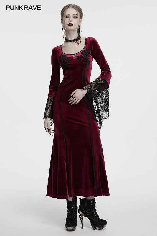 Punk Rave Isolde Velvet Lace Sleeve Dress in Red