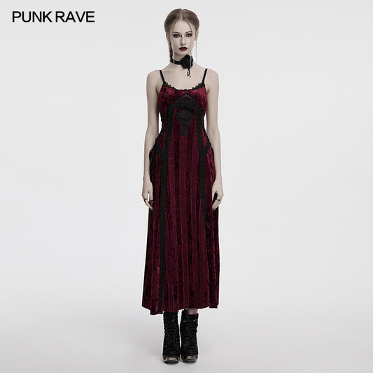 Punk Rave Vivienne Velvet Lace Panel Goth Slip Dress In Burgundy