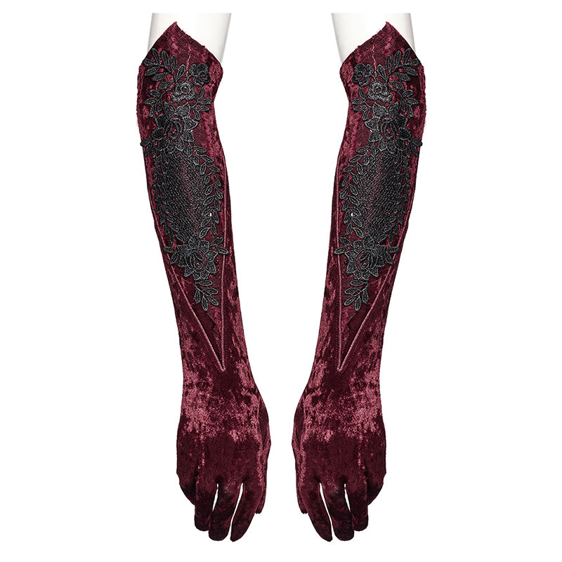 Punk Rave Selene Embroidered Velvet Gloves in Crimson
