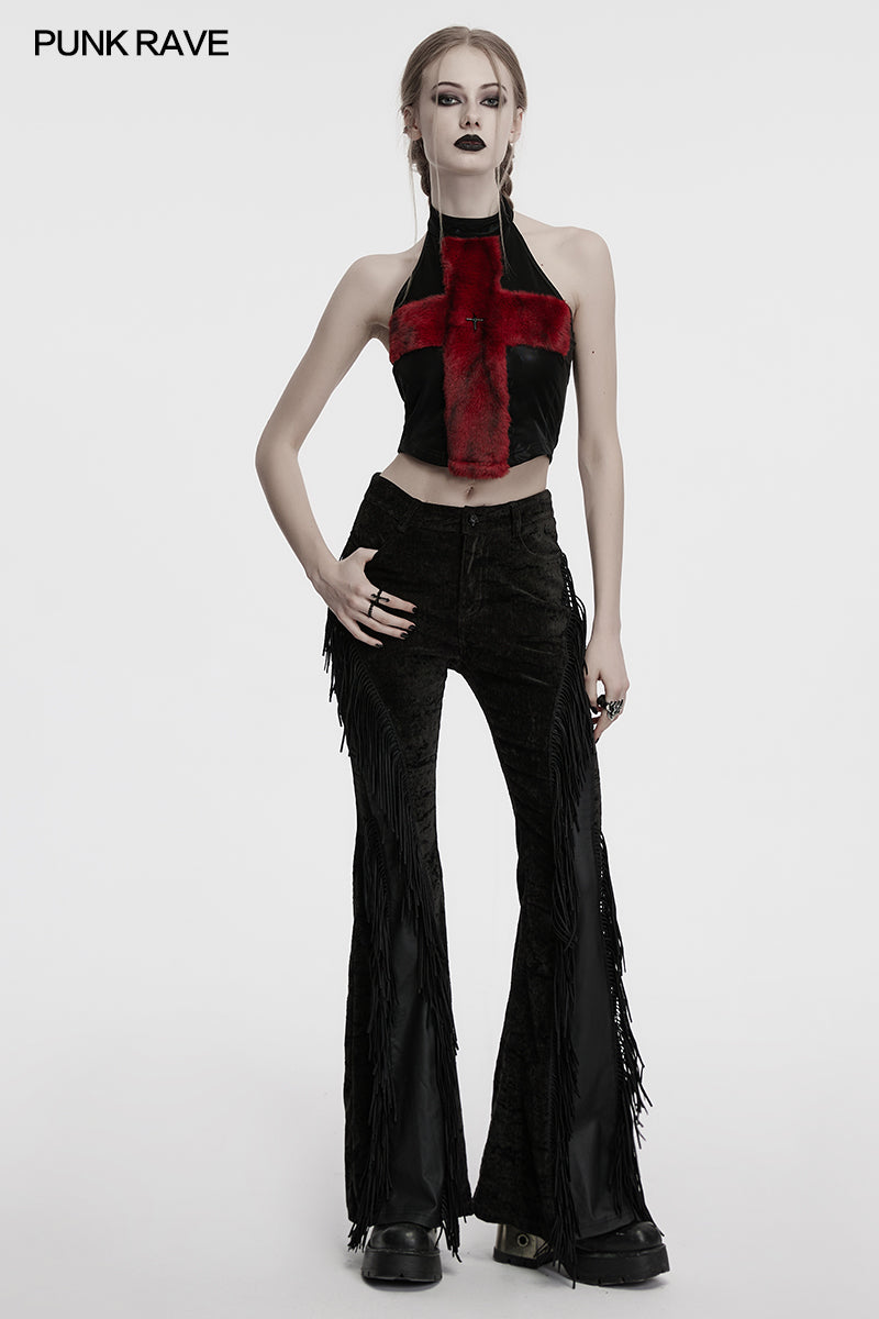 Punk Rave Valora Cross Fur Halter Top In Crimson
