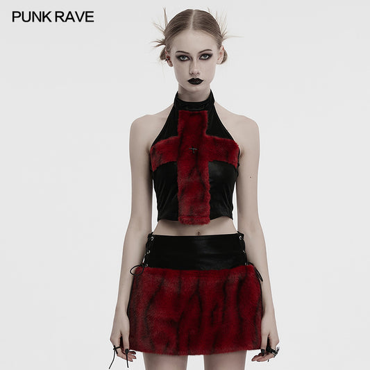 Punk Rave Valora Cross Fur Halter Top In Crimson