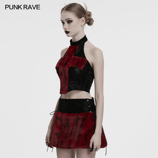 Punk Rave Valora Cross Fur Halter Top In Crimson