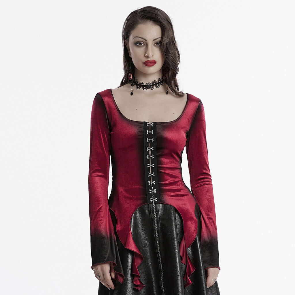 Punk Rave Leticia Burgundy Gradient Velvet Top with Feature Hooks and Eyes - Kate's Clothing