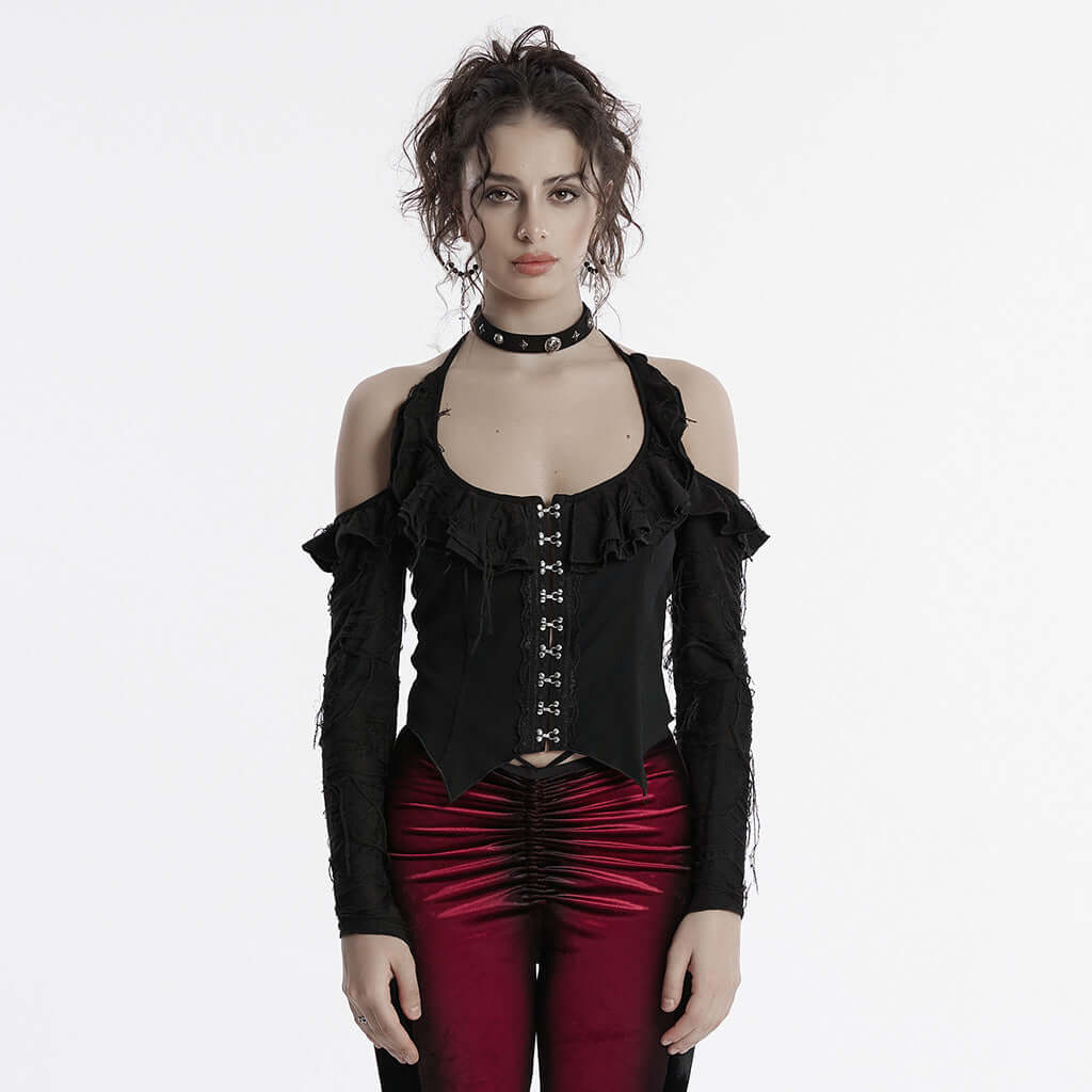 Punk Rave Clarabelle Wenchy Halterneck Distressed Look Top - Kate's Clothing