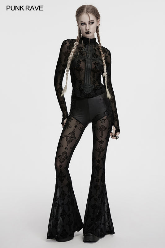 Punk Rave Morrigan Cross Embroidered Mesh Top