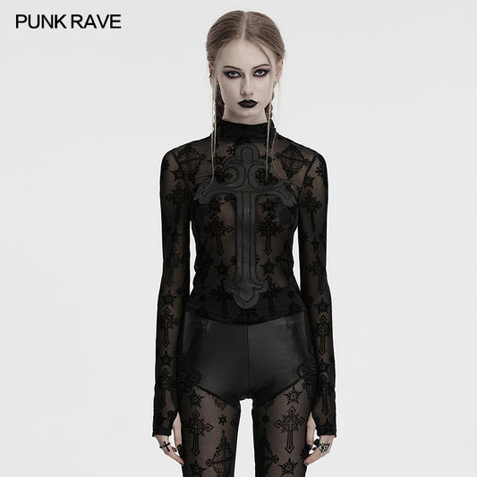 Punk Rave Morrigan Cross Embroidered Mesh Top