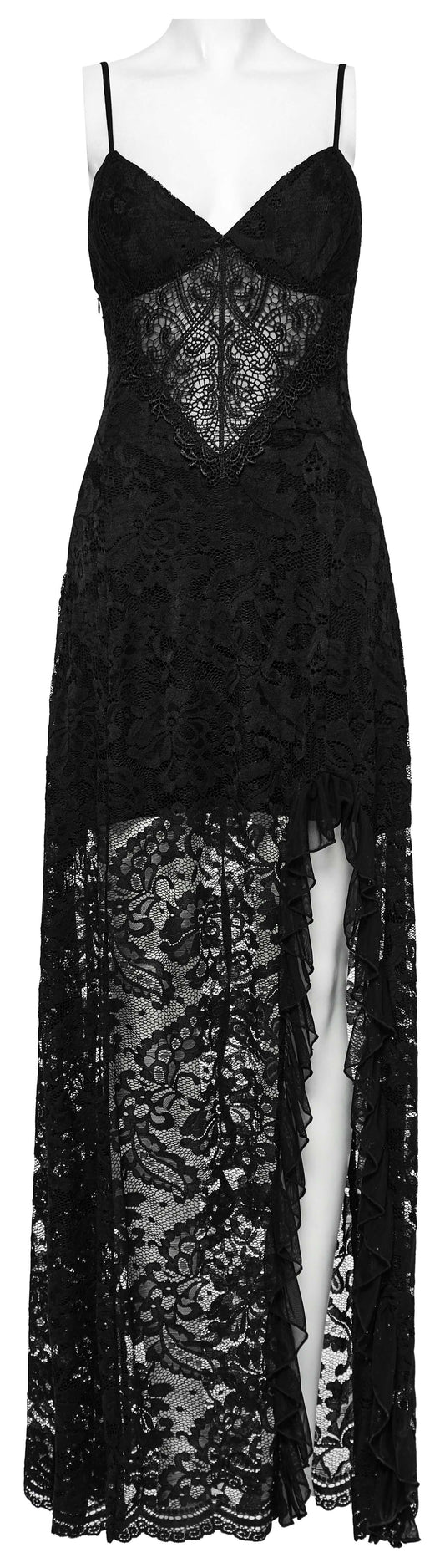 Punk Rave Aviva Gothic Lace Dress with sheer panels and high split shown on a mannequin - Kate's Clothing