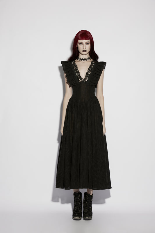 Punk Rave Elowen goth romantic v-neck dress with flying sleeves and lace detail, modelled.