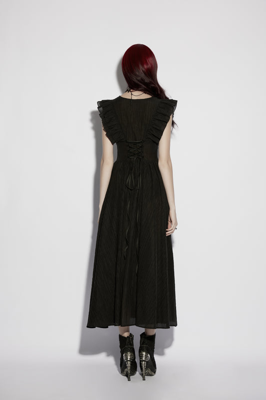 Back view of the Punk Rave Elowen goth romantic v-neck dress with flowing sleeves