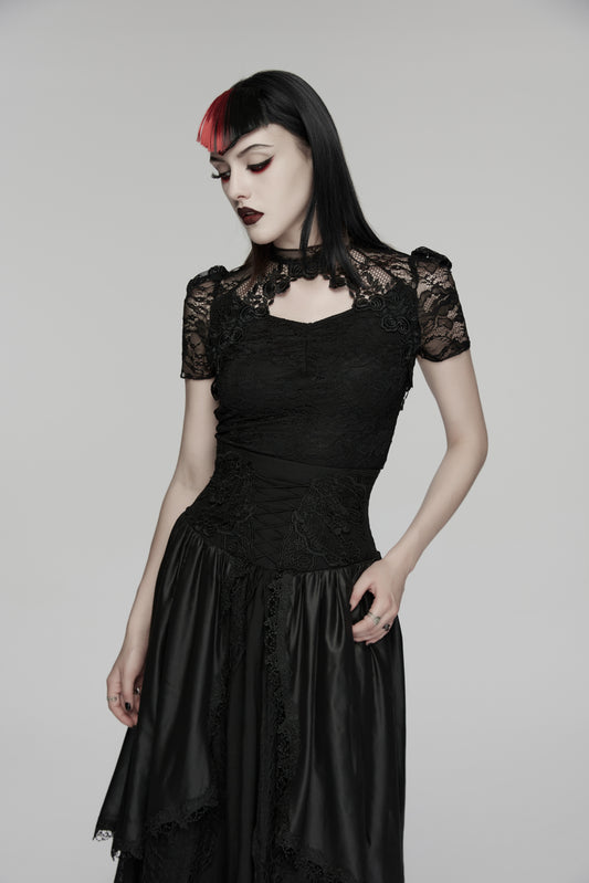 Female Goth style lace top with high neck collar